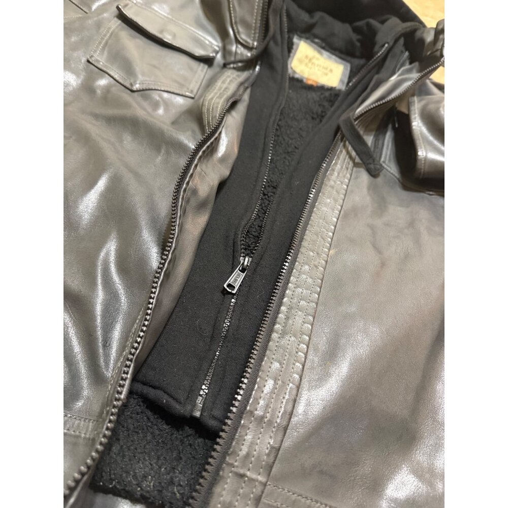 Sonoma Men’s Large Faux Leather Jacket Gray Fleece Hooded Zip Up Coat -READ Desc - Picture 5 of 9